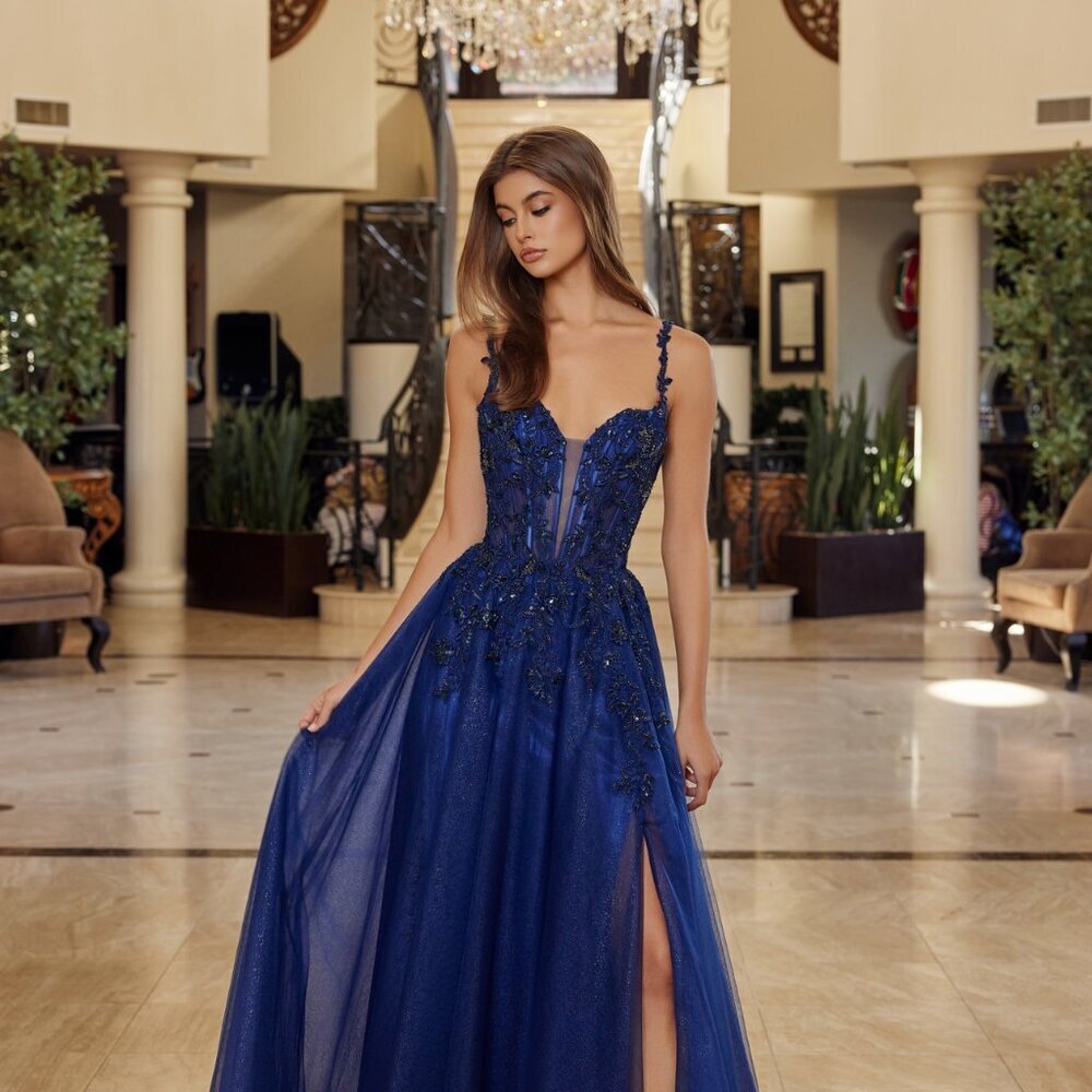 New Navy Blue Floral Lace Embellished Long A-Line Gown w/ Plunging Neck NX R1824